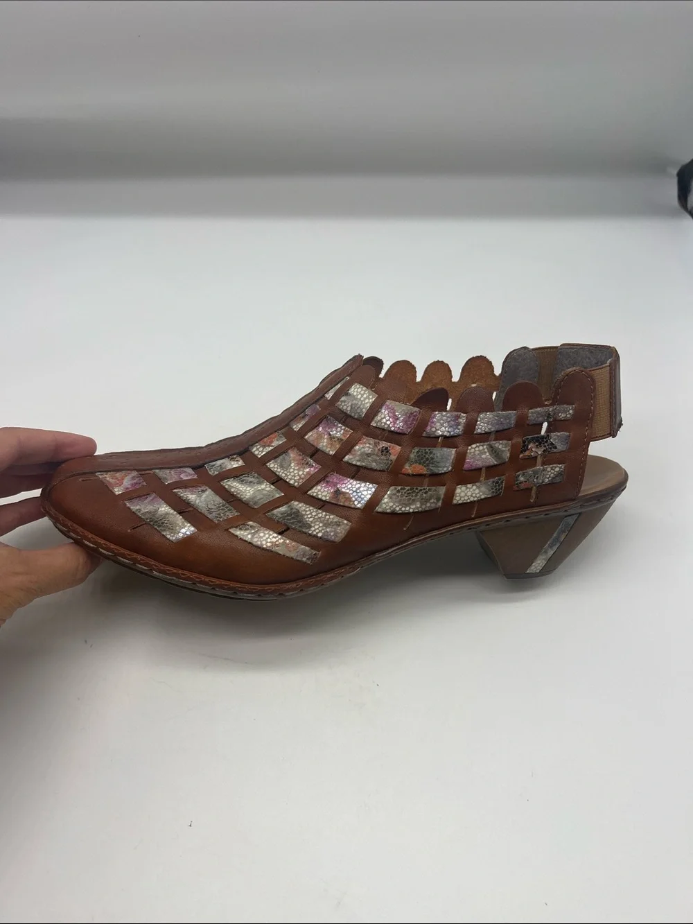 Rieker - Sina 46778 Brown Leather Multi Colored Woven Round Toe Shoes Size 41